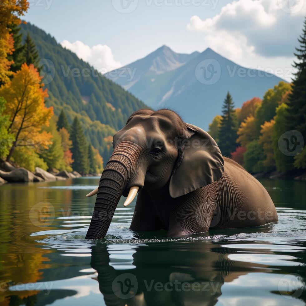 Animated elephant serenely bathing within a vibrant forest landscape alongside a river photo