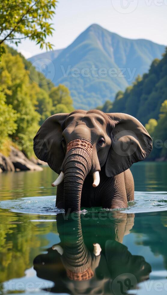Animated elephant serenely bathing within a vibrant forest landscape alongside a river photo