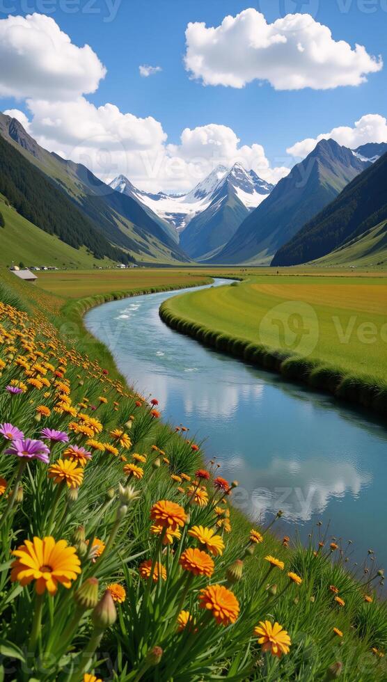 A stunning panoramic scene featuring verdant landscapes vast rivers blooming meadows blueclouded skies and majestic mountain ranges with snowy peaks photo