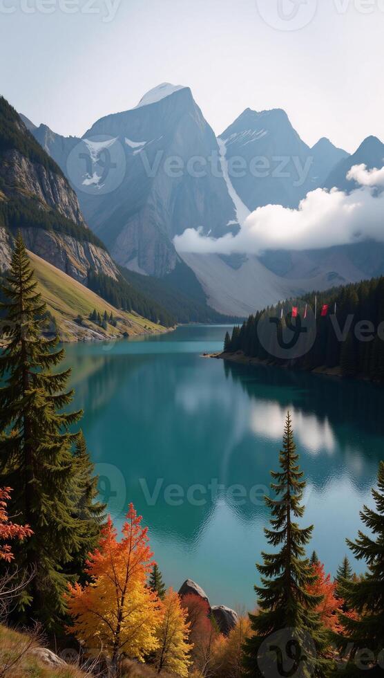 Landscape featuring a tranquil lake nestled between majestic mountains and a serene forest with enveloping fog photo