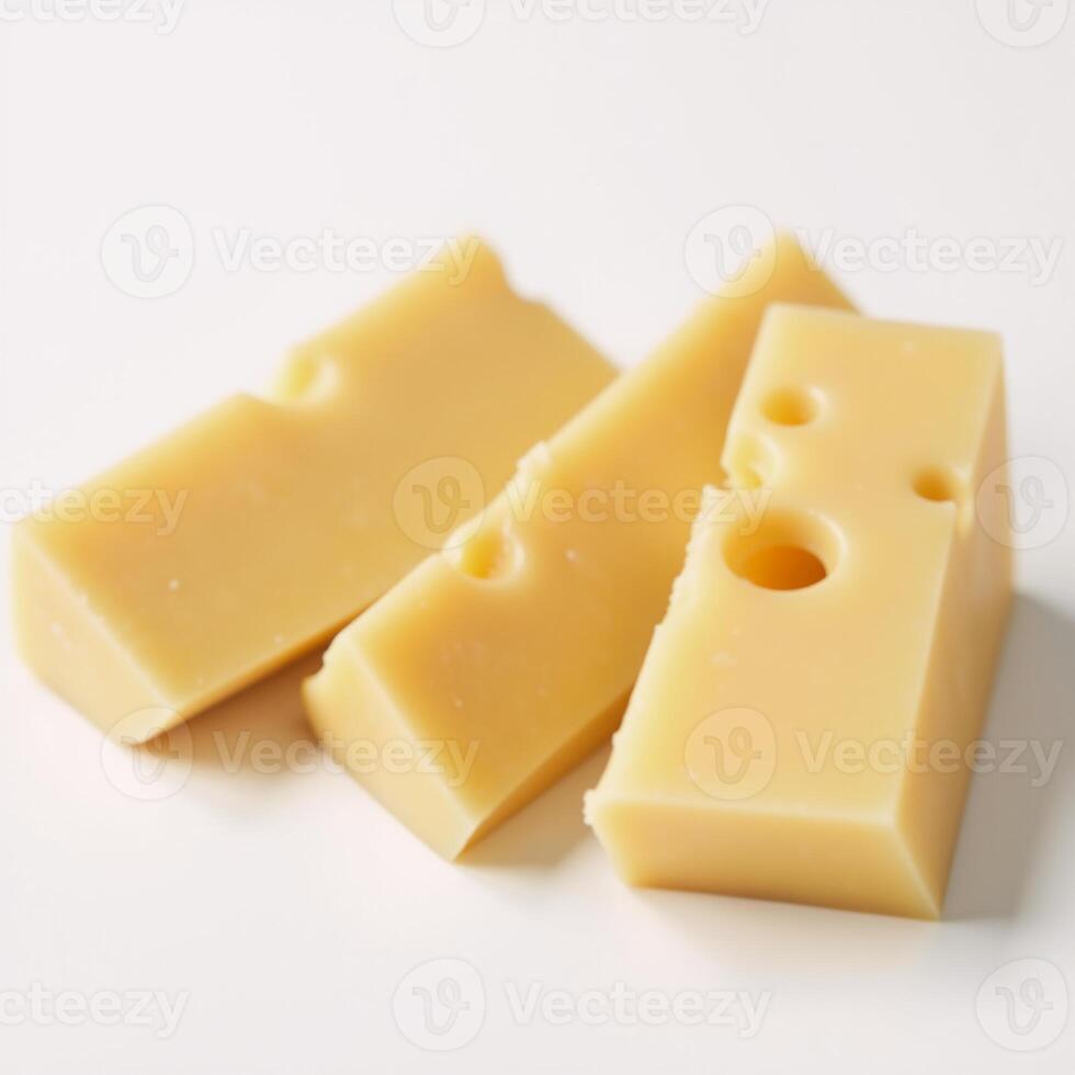 Closeup of multiple Swiss cheeses displayed on a white backdrop photo
