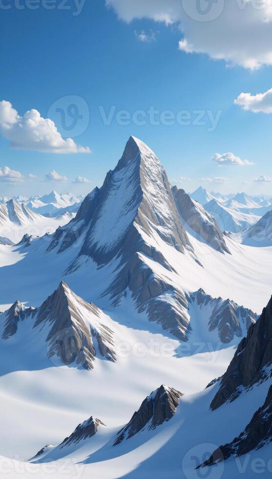 Digital painting featuring tranquil winter mountain landscape with snowy peaks photo