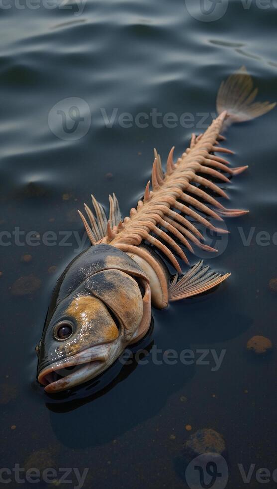 An oilcovered fish skeleton floating within polluted waters photo