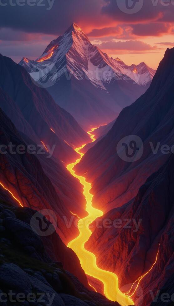 Digital abstraction featuring glowing mountain ranges and streaming light lava rivers photo