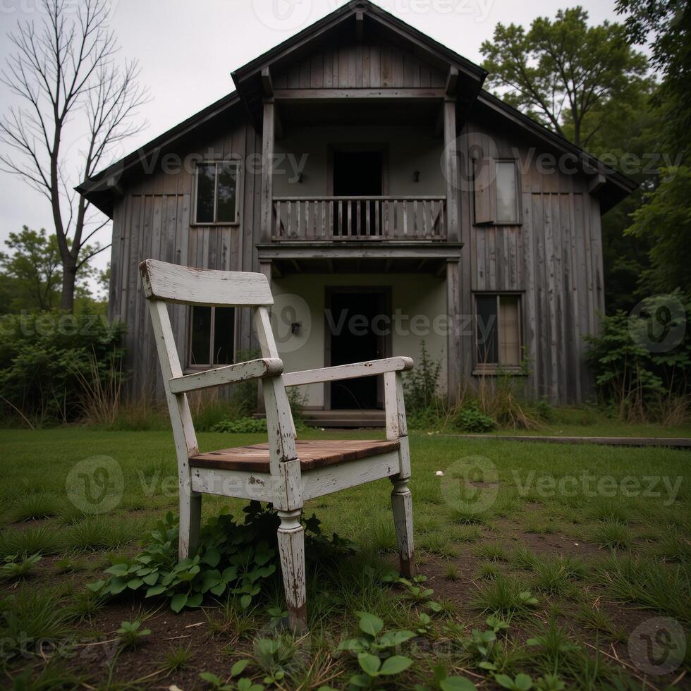A hauntingly beautiful scene features an abandoned cottage and its weathered chair amidst decay and neglect photo
