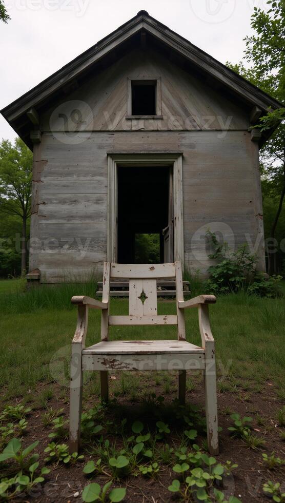 A hauntingly beautiful scene features an abandoned cottage and its weathered chair amidst decay and neglect photo