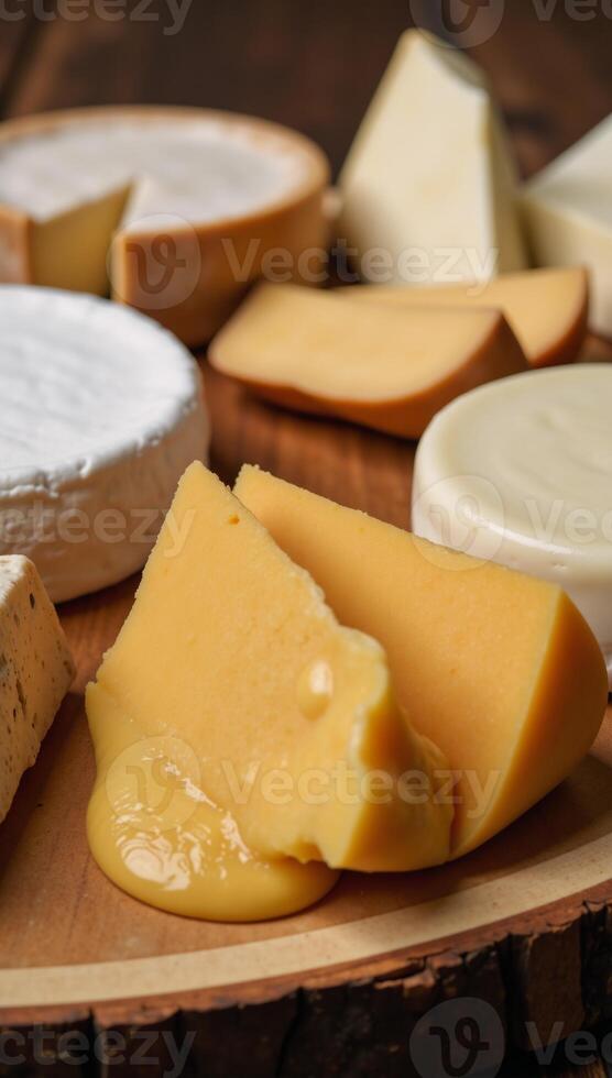A diverse array of cheeses artfully displayed on a wood board for an exquisite cheese platter photo