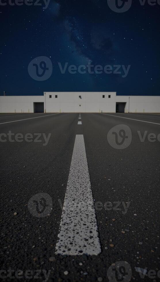 Abandoned nighttime scene featuring an empty asphalt surface beneath twinkling stars photo
