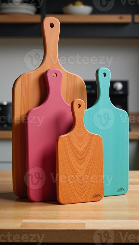Colorful wooden chopping boards display forced perspective effect in a kitchen with various sizes shapes on a table showcasing wood grains photo