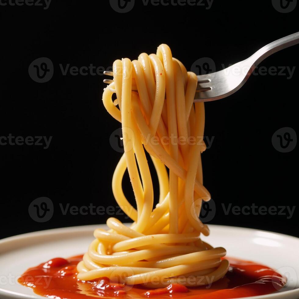 Tornadolike spiral of twirling pasta with tomato sauce splashes photo