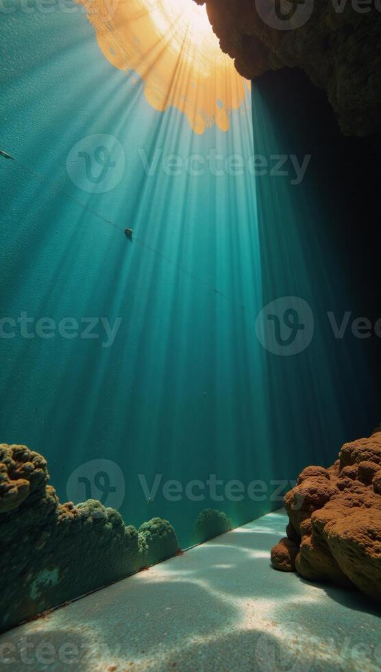 Vibrant underwaterinspired abstract wallpaper showcasing swirling starry hues on a colorful painted backdrop illuminated by a golden sunbeam photo