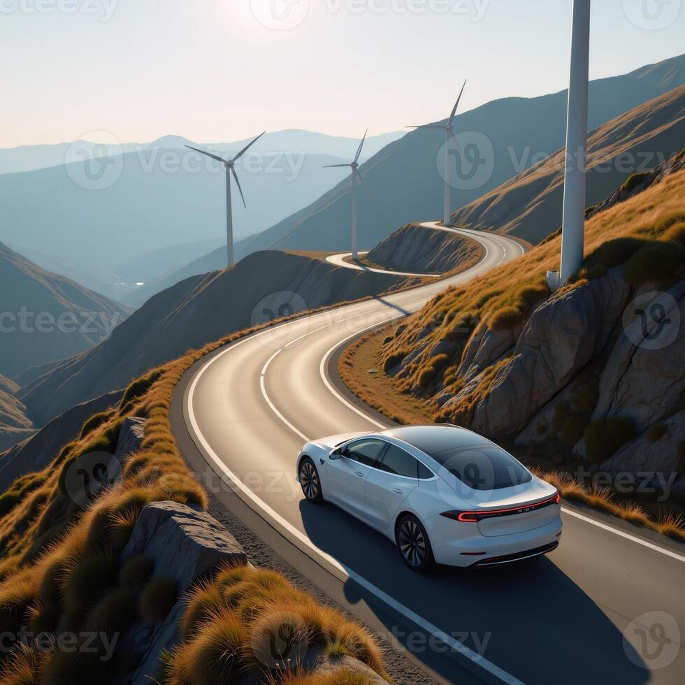 A sleek electric car navigates through a wind turbine farm traveling along a picturesque mountain road in a 3D rendered scene that showcases an alternative energy landscape photo