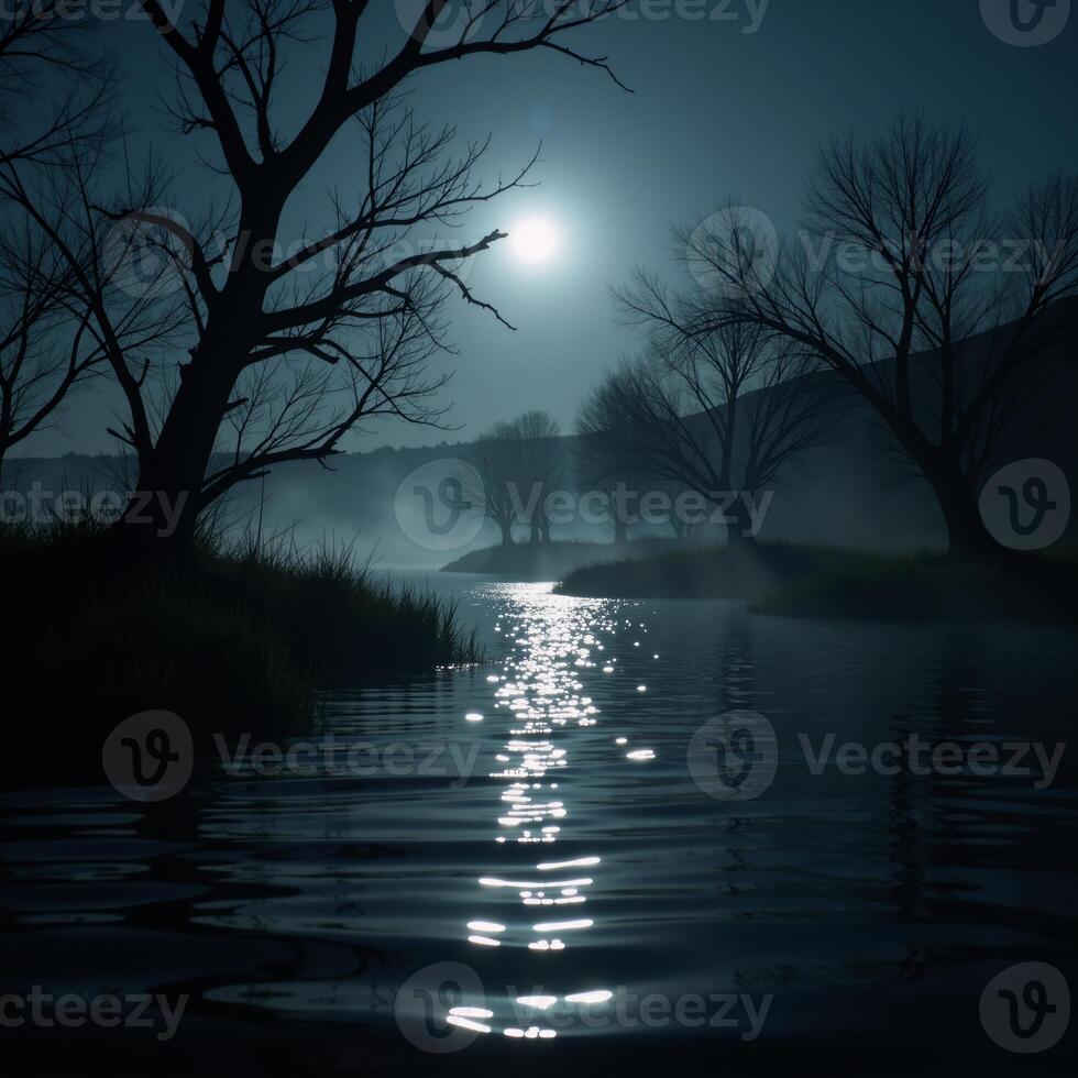 Spectral moonlit swamp with wispdancing fog dark waters twisted trees casting eerie shadows under the full moons glow photo