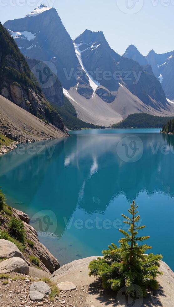 Tranquil lake nestled amidst towering mountain peaks photo