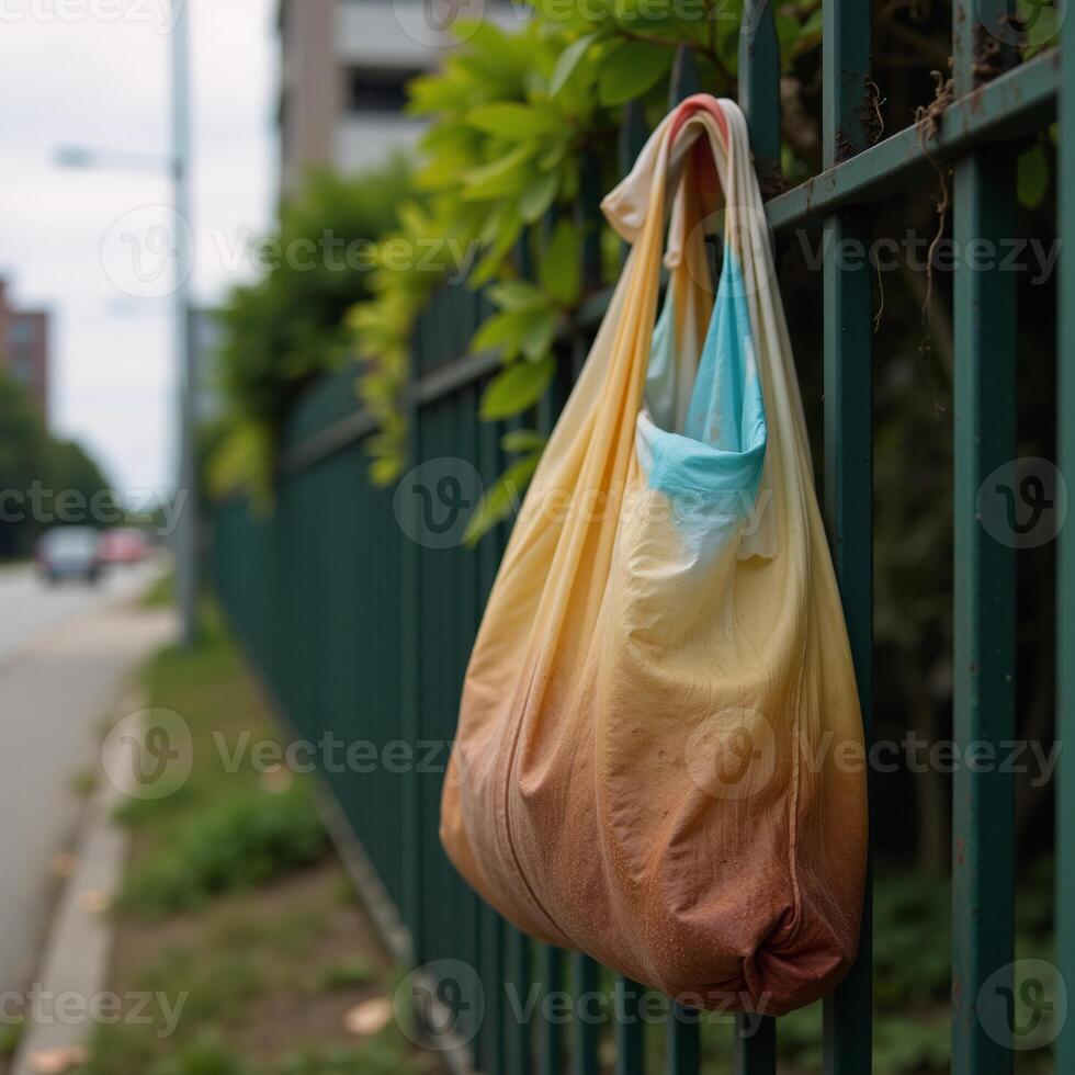 Image portrayal focusing on harmful plastic bag litter amidst natural environment pollution theme photo