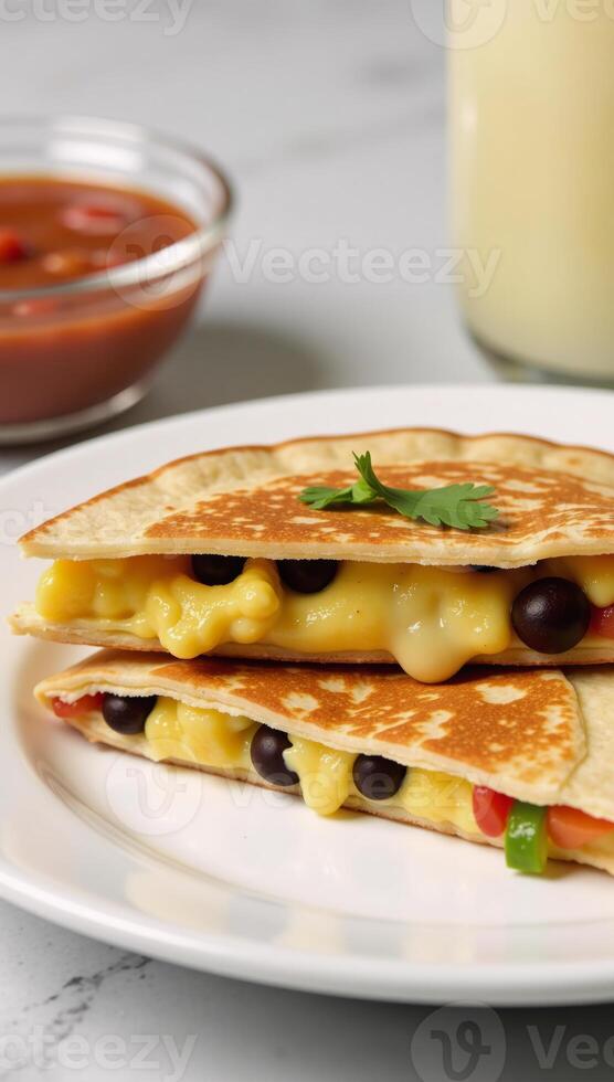 Scrambled egg black bean breakfast quesadilla with sauted bell peppers and melted pepper jack cheese photo