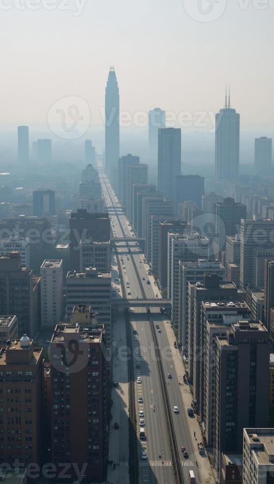 An illustration depicting harmful air pollution with smogfilled skies littered cities and desolate landscapes photo