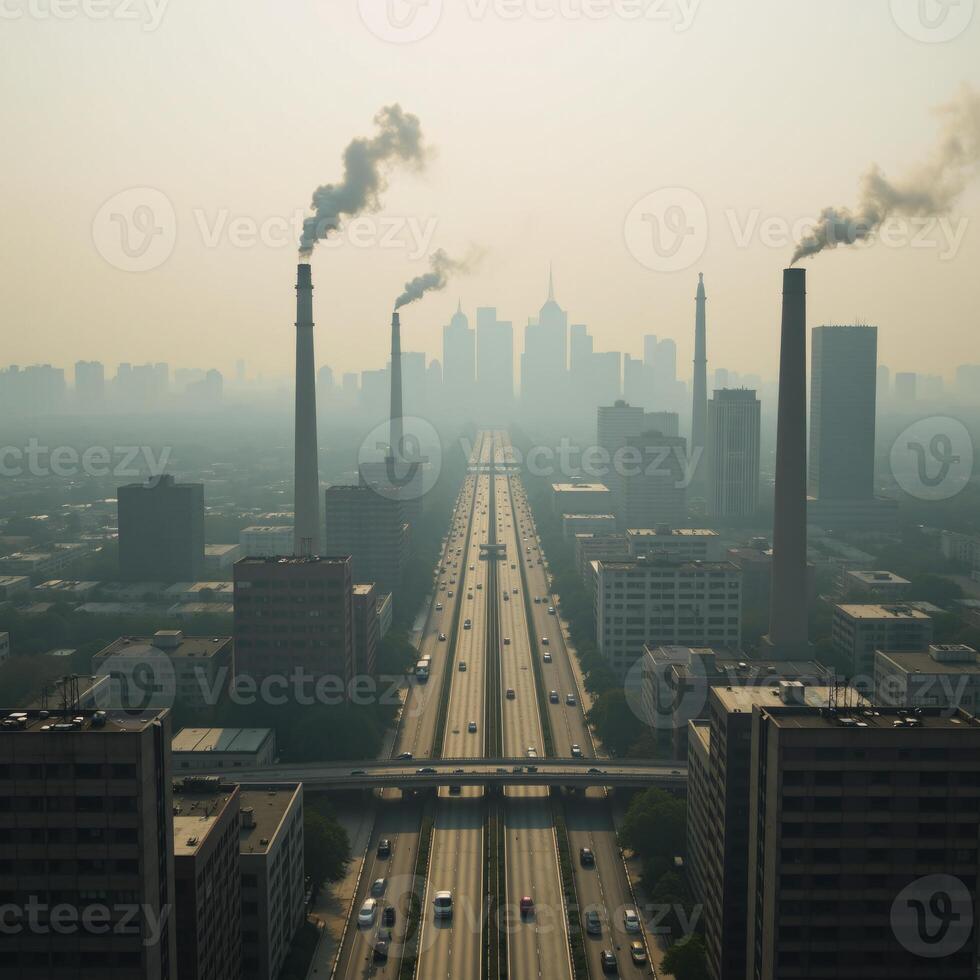 An illustration depicting harmful air pollution with smogfilled skies littered cities and desolate landscapes photo
