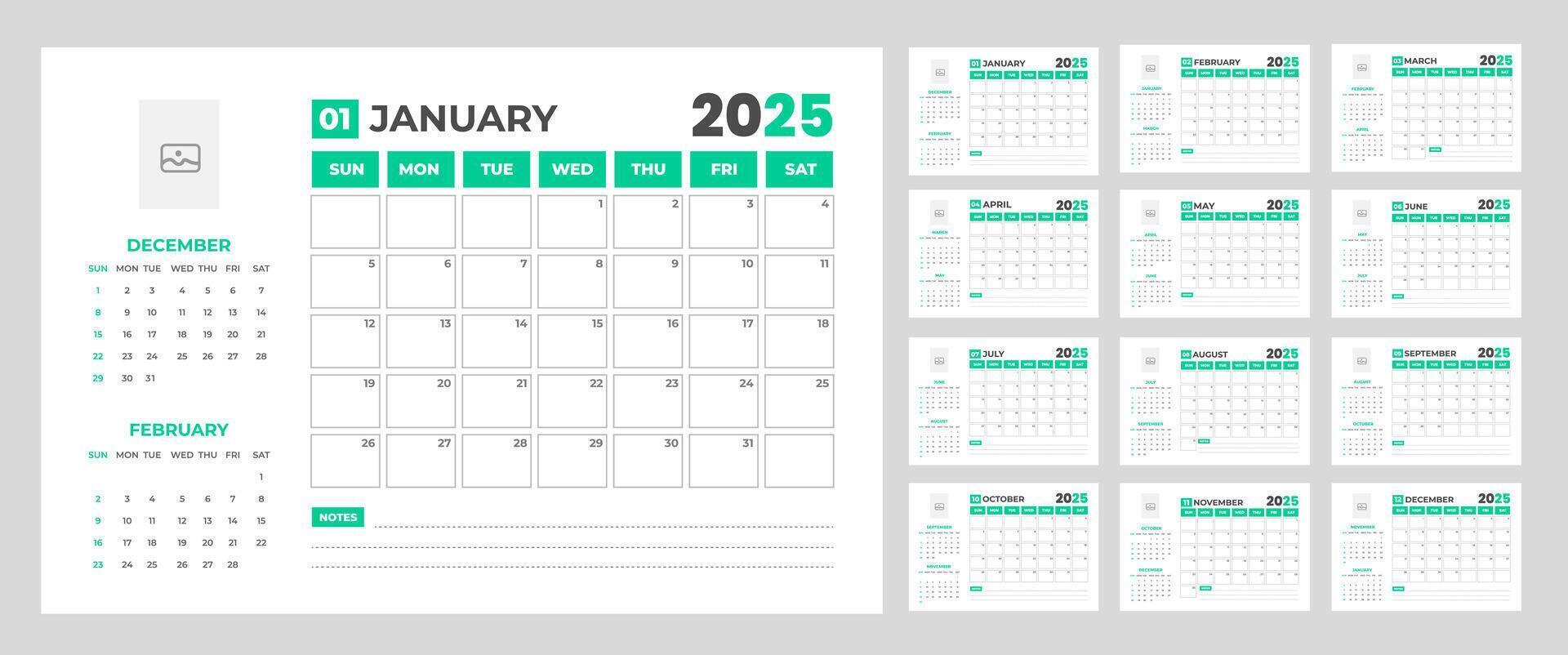 corporate Monthly pages dark color Planner Calendar Templates 2025 set. wall or desk simple 2025 Planner Calendar bundle with week start on Sunday. Set of 12 Months 2025 Wall quarterly calendar. vector