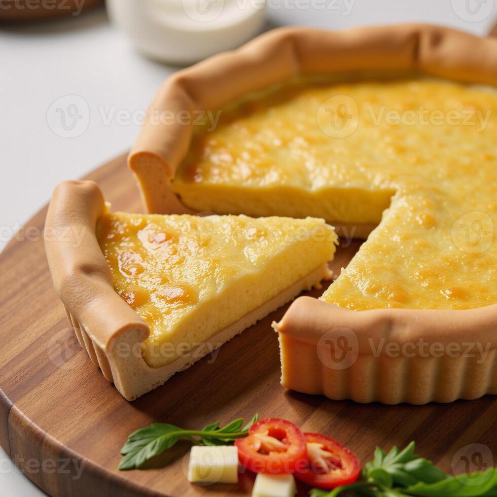 A cheese quiche with chopped veggies is displayed on a wood cutting board photo