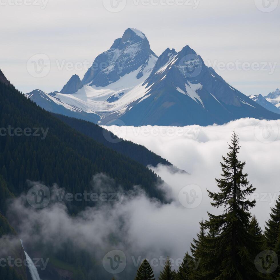 A majestic mountain forest landscape showcases foggy mornings and sunbeam rays breaking through photo