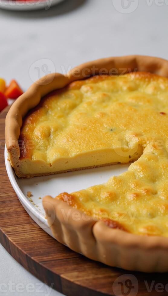 A cheese quiche with chopped veggies is displayed on a wood cutting board photo