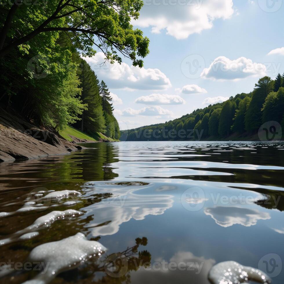 Tranquil river landscape featuring cascading waves verdant shoreline vegetation and radiant skies photo