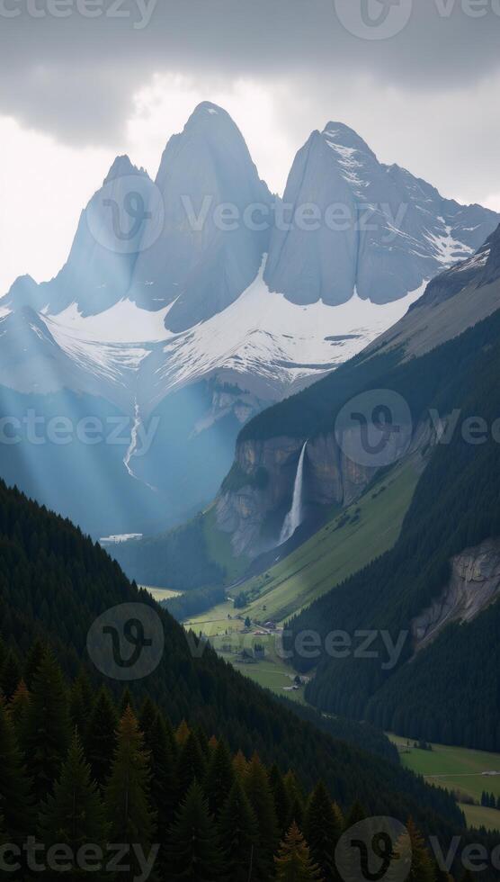 A majestic mountain forest landscape showcases foggy mornings and sunbeam rays breaking through photo