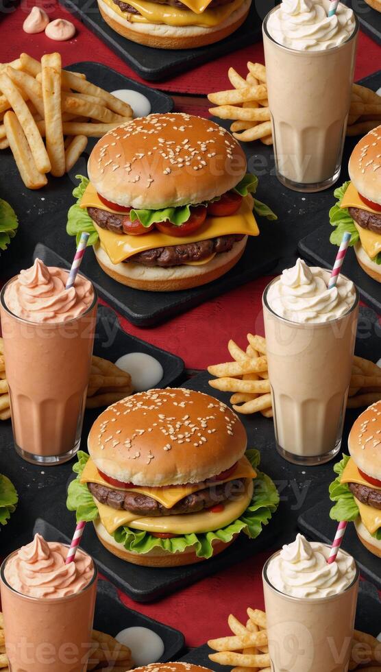 A retro fabric pattern showcasing classic diner fare burgers fries and milkshakes Tumbler Wrap photo