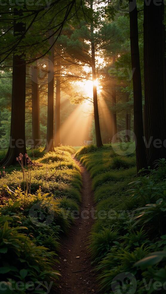 A serene sunrise illuminating a tranquil forest landscape at dawn photo
