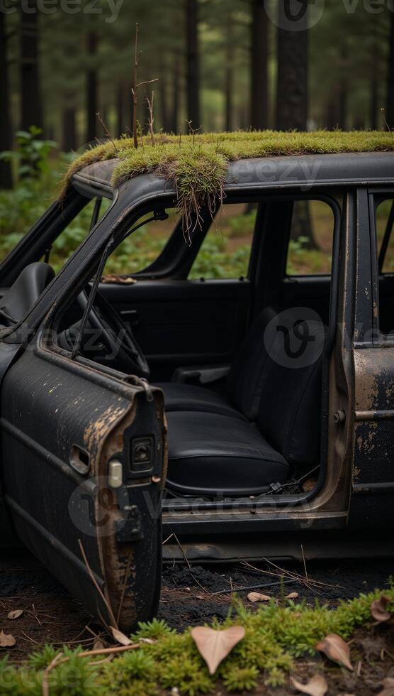 Abandoned vehicle amidst forest landscape photo