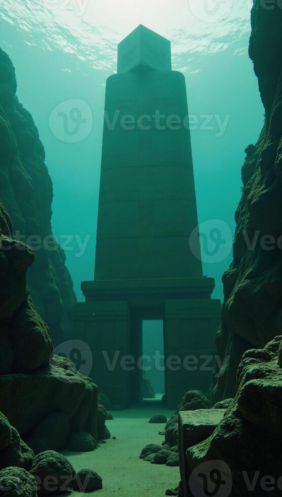 In an underwater Atlantean ruin submerged and crumbling lost city with lit cubes among runecovered columns where humans have hidden amidst the green fog photo