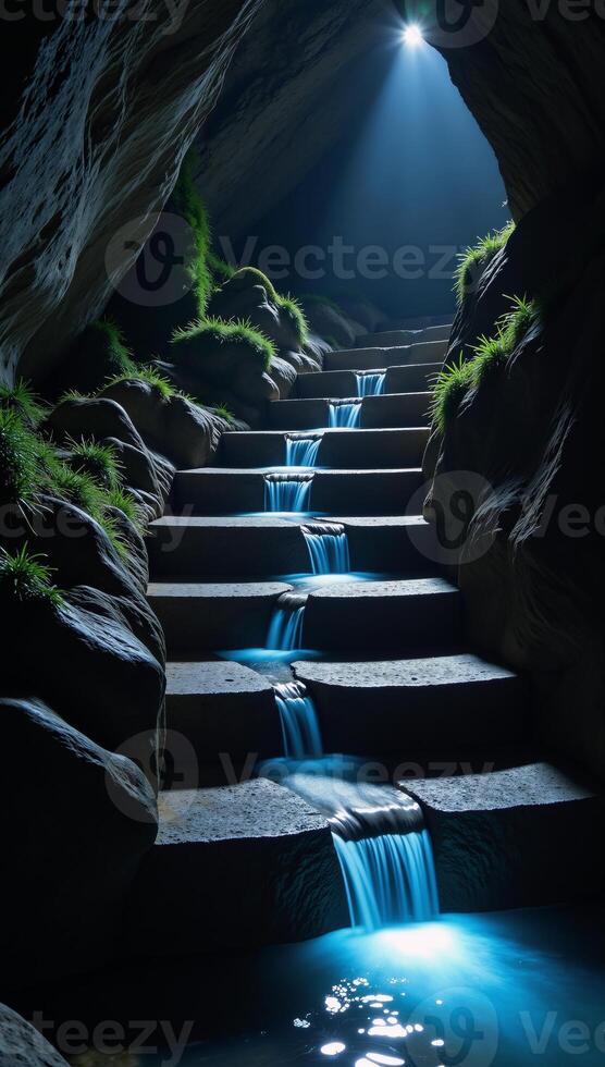 Moonlit cavern Glowing river amidst mystic stepfilled stone chambers photo