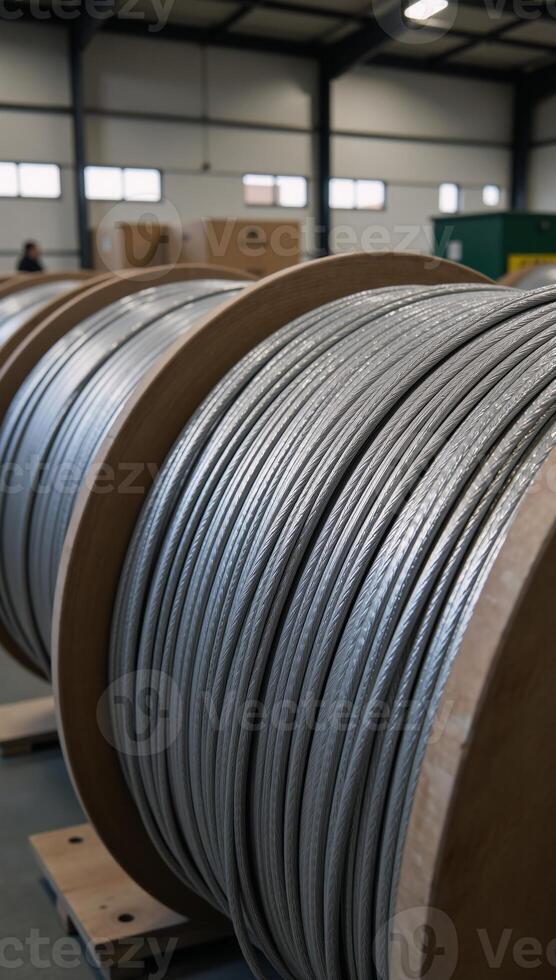 Wire coiled on a wooden reel in a warehouse setting photo