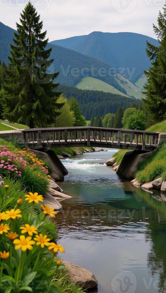 A tranquil river landscape featuring lush greenery blooming flowers and a serene water scene amidst a natural backdrop photo