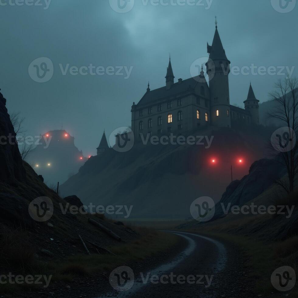 Gothic Cyberpunk Lofi Dystopian City and Castle Postapocalyptic Overgrowth Foggy Night Palace Scene in a Dark Atmosphere photo