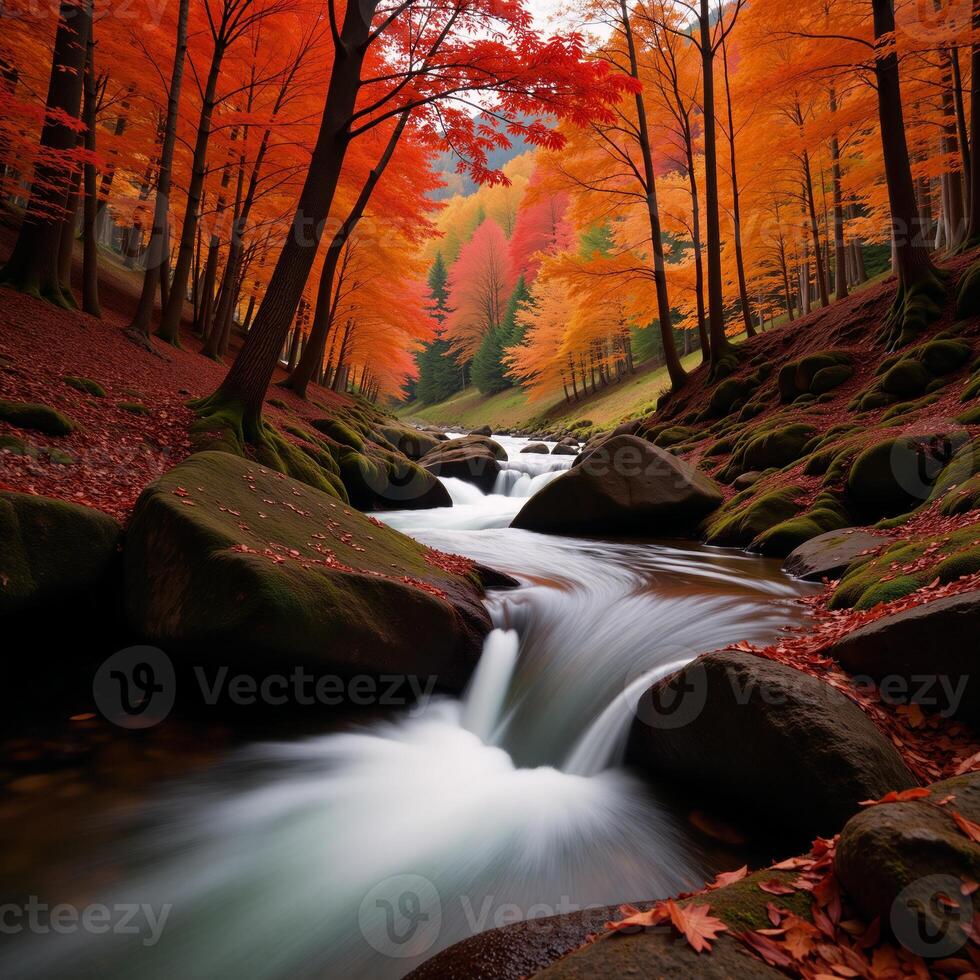 Abstract autumnal forest landscape with river vibrant color palette for digital artwork or wallpaper design photo