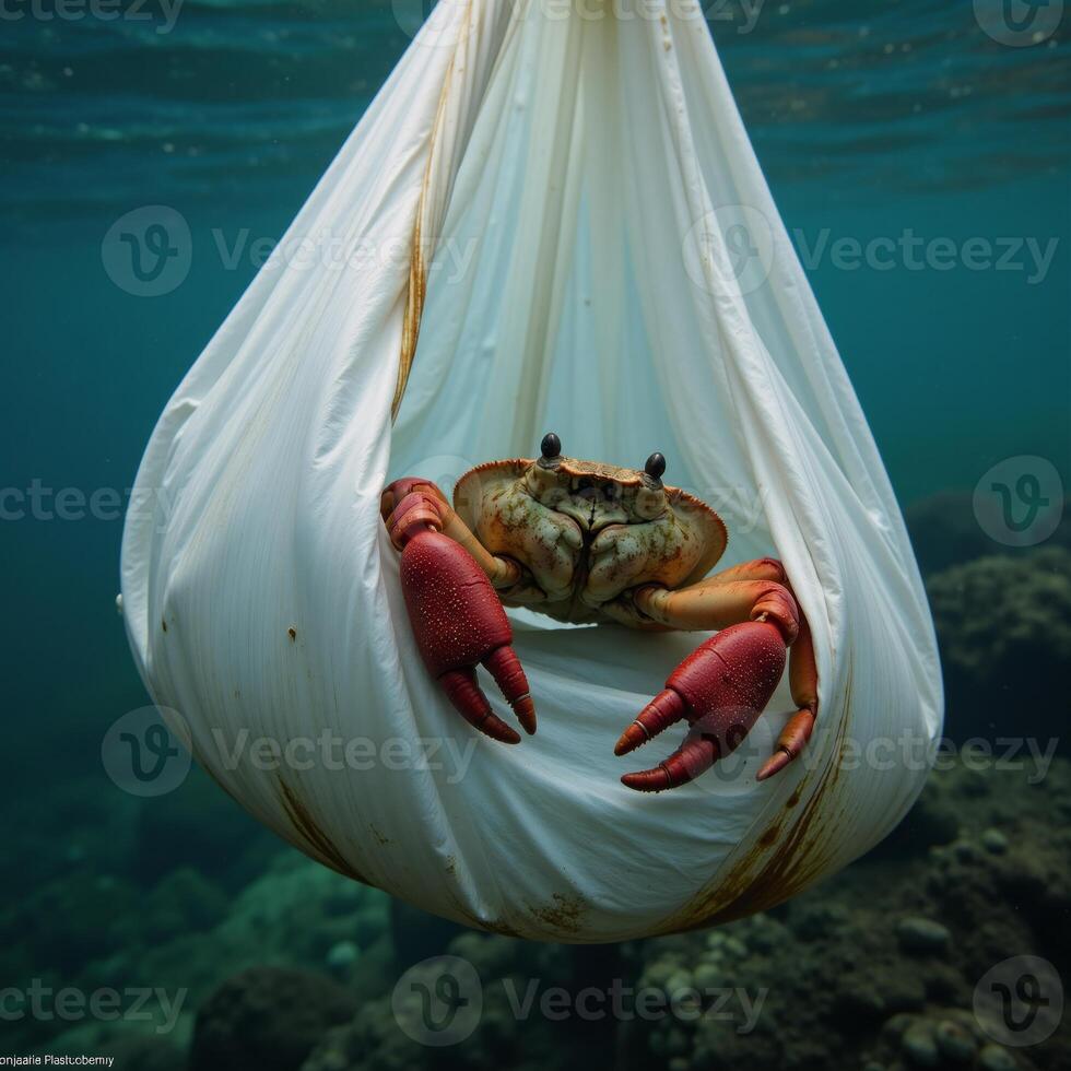 Plastic pollution A crab trapped in discarded plastic bag symbolizes oceans plight due to excess waste photo