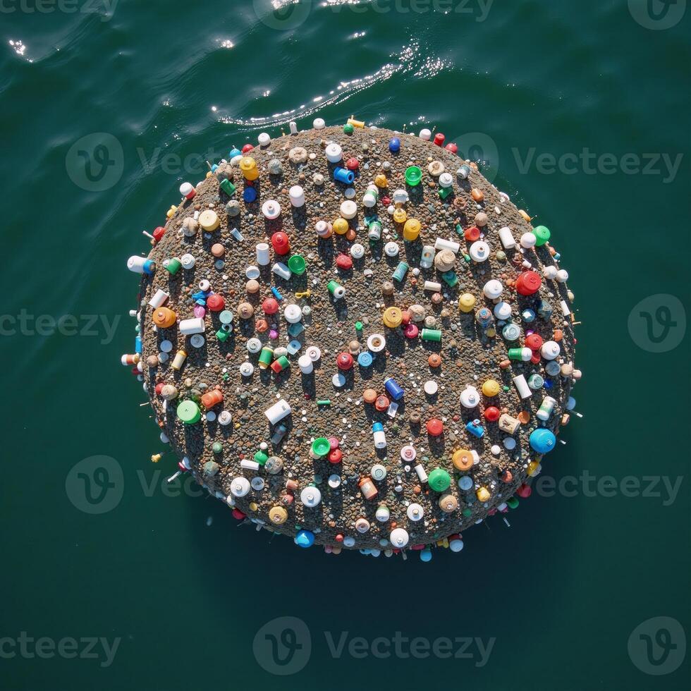 Floating plastic trash depicts environmental and ocean pollution issue photo