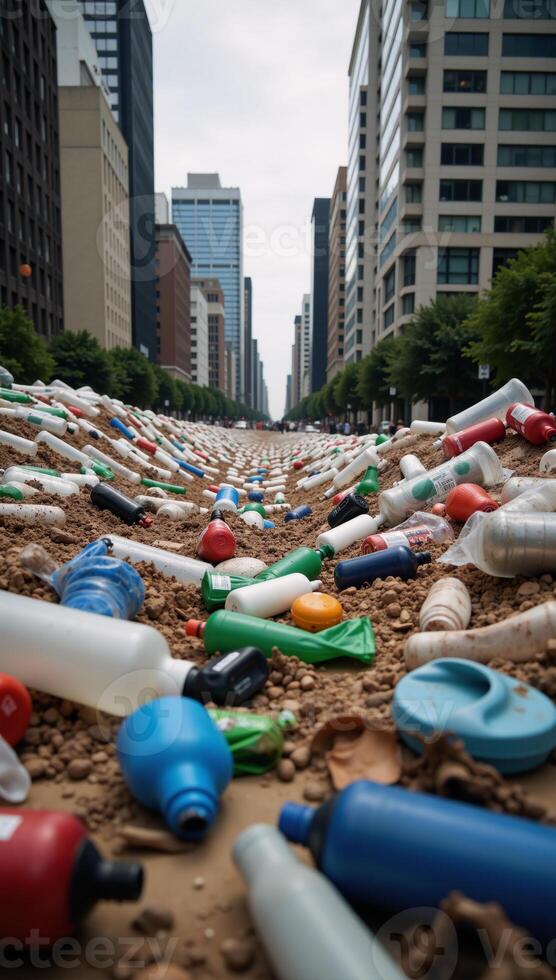 Bigcity view showcases pervasive plastic pollution as an environmental disaster affecting urban life and future generations Plastic Waste in Cities photo