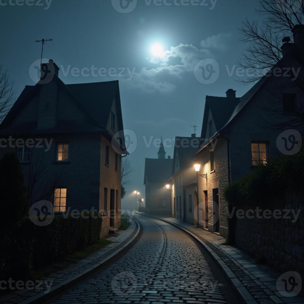 A moonlit village shrouded in mist at night photo