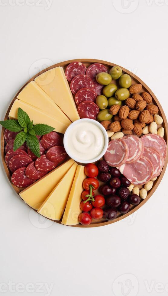 Illustrated charcuterie board featuring various cheese meat nut and olive selections arranged as an enticing appetizer on a white background MenuAdvertising photo