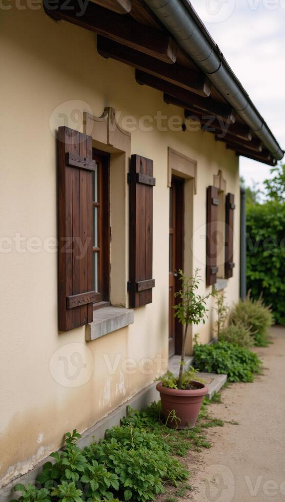 An antique dwelling with weathered charm showcases aging surfaces and traditional wood shutters amidst flourishing foliage photo