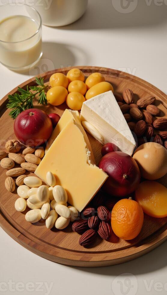 A rustic wooden cheese station features an aesthetically appealing array of cheeses nuts and dried apricots under warm lighting that highlights the textures while creating visual interest through photo