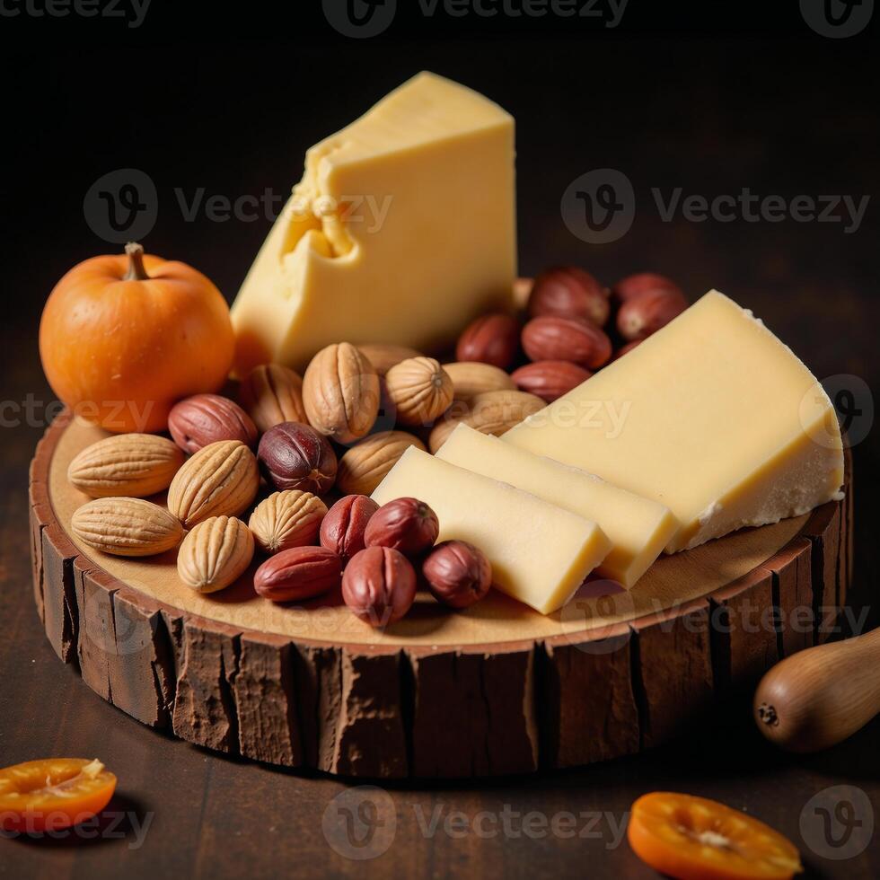 A rustic wooden cheese station features an aesthetically appealing array of cheeses nuts and dried apricots under warm lighting that highlights the textures while creating visual interest through photo