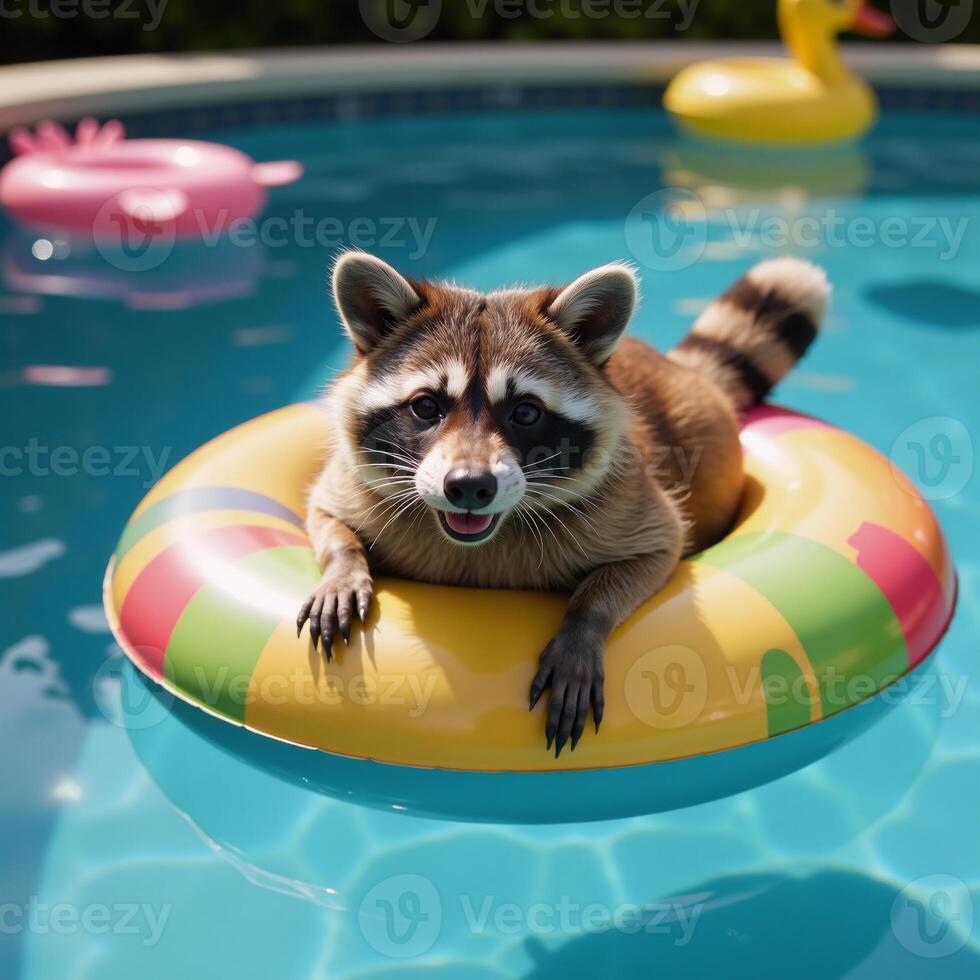 Raccoon floating leisurely on raft in swimming pool with floater photo