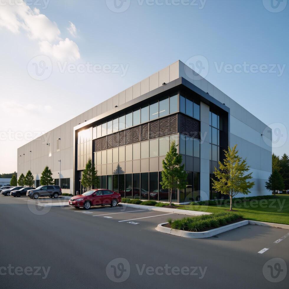 A wideangle shot showcasing a large modern industrial facility either a selfstorage unit car dealership or manufacturing plant photo