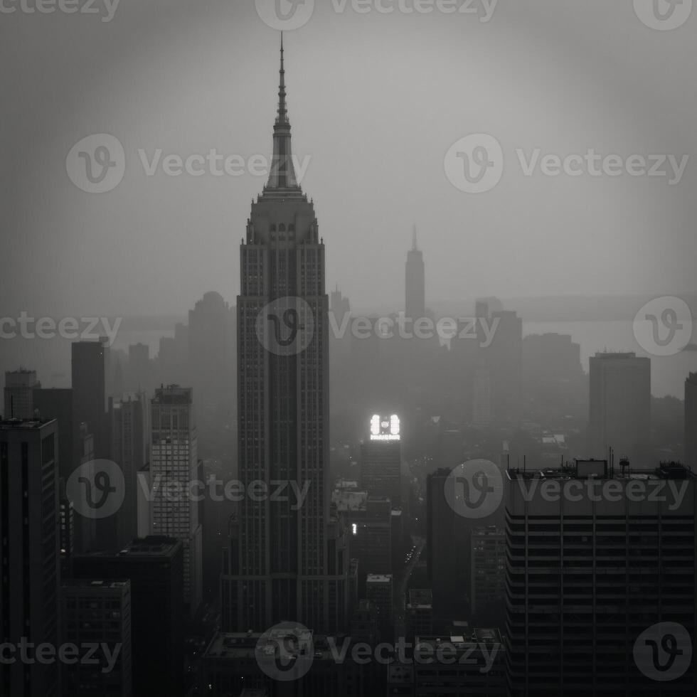 Monochrome cityscape mystical towering skyscrapers rise above the fog creating an enigmatic ambiance photo