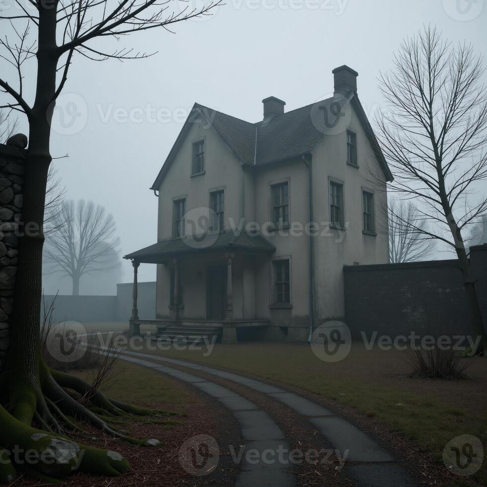Abandoned village on a winter night with heavy mist and fog 3D Render photo