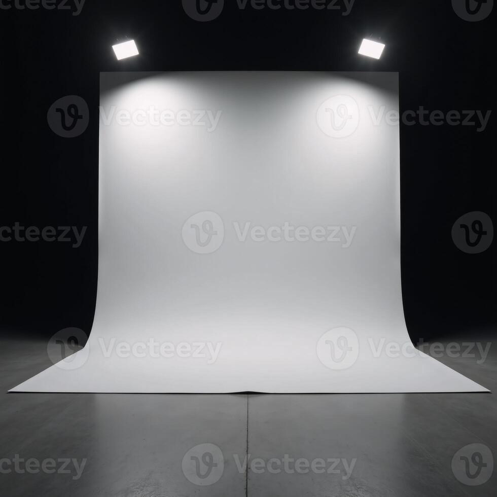 Pitchblack empty room with a blank floor for presentationscar backdrops and top LED lights photo